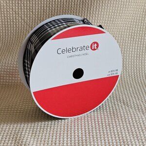 Ashland Christmas Wired Jumbo Ribbon - Black &‎ White Checkers - NEW